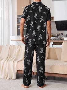 Manfinity Casual Plaid Print Chest Pocket Lapel Collar Top & Pants Men's Pajama Set - Black - View 3