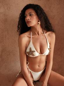 Swim Chiccia 春假女士海星水钻装饰露背上衣和侧系带下装两件套性感比基尼套装，节日和波西米亚风格，夏季海滩度假 - 米色 - 查看 8