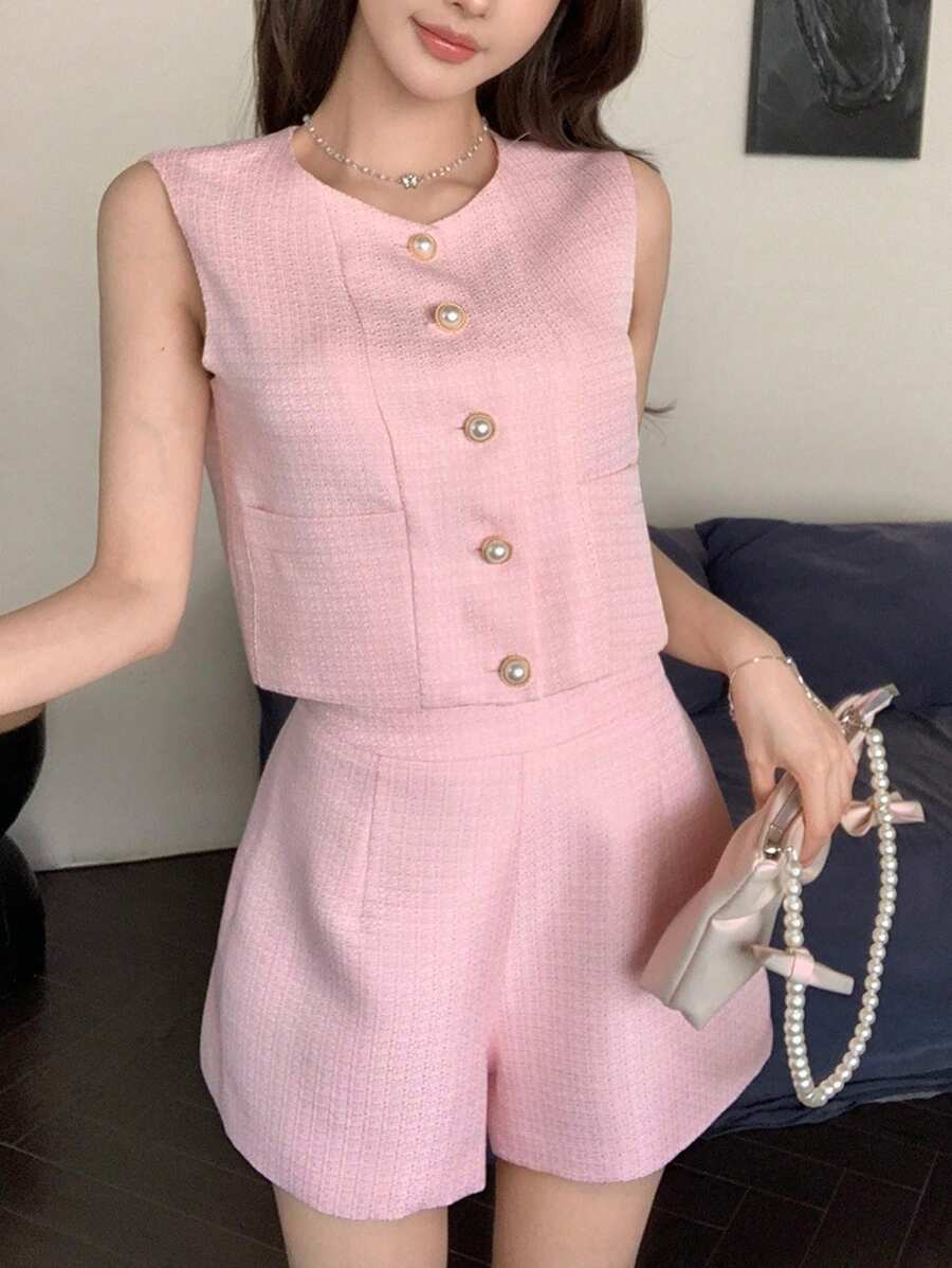 DAZY Plaid Design 2pcs/Set Women Vest And Shorts Set, Suitable For Weddings, Dates And Nights Out - Pink - View 1