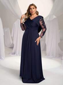 SHEIN Belle Vestido largo de noche elegante, lujoso y vintage con manga larga, cuello en V con aplicaciones, plisado y ajustado para tallas grandes - Vestido de fiesta, para invitada de boda, vestido de noche