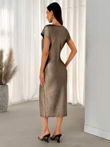 SHEIN LUNE Shiny Metallic Sequin Slit Dress, Casual For Summer Spring, Suitable For Valentine's Day & New Year - Gold - View 3