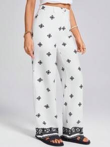 Wildy Women's Bohemian Floral Print Casual Loose Straight Leg Pants, Apricot Color, Suitable For Summer Vacation - Apricot - View 2