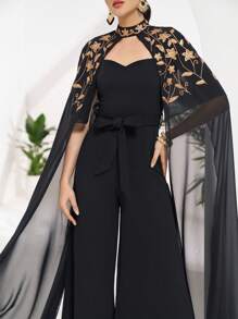 Al Najma Women's Floral Embroidery Mesh Patchwork Wide Leg Jumpsuit - Black - View 1
