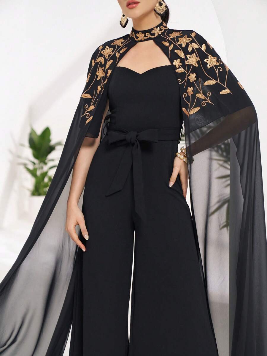Al Najma Women's Floral Embroidery Mesh Patchwork Wide Leg Jumpsuit - Black - View 1