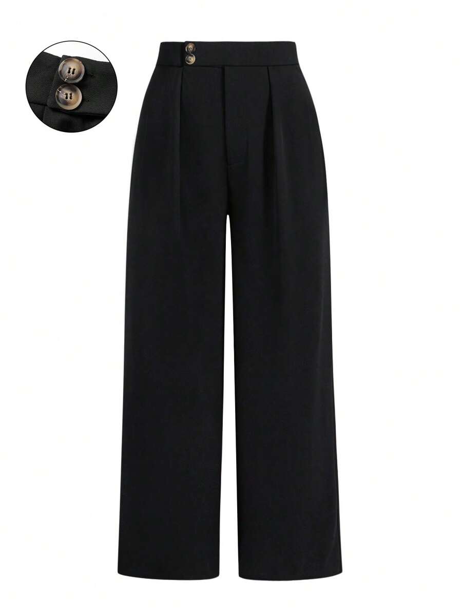 SHEIN LUNE Women Plus Size Straight Leg Side Double Row Design Elegant Suit Pants - Black - View 1