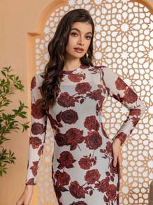Modelyn Floral Print Round Neck Bodycon Long Sleeve Dress Maxi Women Outfit Fall Cloth For Women - Apricot - View 8