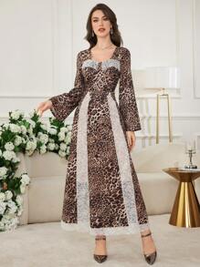 Modelyn Women's Long Leopard Print Lace Patchwork Flared Elegant Dress - Multicolor - View 5