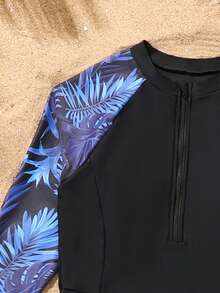 Teenagers Girls Floral Print Zipper Spaghetti Strap Top Bikini, Solid Black Bottom Mini Skirt And Long Pants Summer Holiday - Multicolor - View 3