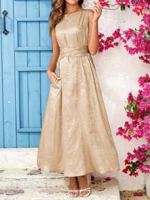 Ellevyn Women's Elegant Tie-Waist Pocket Gold Sequin Round Neck Slim A-Line Dress, Resort Style Dress For Spring/Summer - Gold - View 7