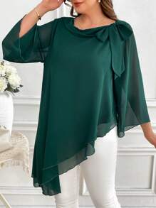 Reflora 曲线款加大码女式绿色圆领蝴蝶结双层下摆浪漫优雅T恤，适合外出、情人节、情侣、夏季、春季、复古、职场女性、老钱风格女性、办公室、度假、情人节、夏季女士优雅衬衫 - 綠色 - 查看 4