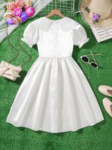 青少年女孩休闲度假可爱刺绣花朵边饰白色连衣裙 - 彩色 - 查看 2