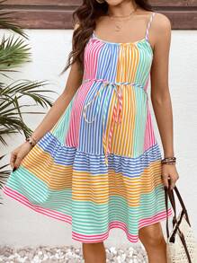SHEIN Váy ngắn thường ngày sọc nhiều màu cho bà bầu - Nhiều màu - Xem 4