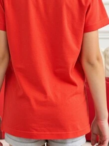 Young Girl' Fashionable Cute Red Heart & Bow Print Short Sleeve Round Neck T-Shirt, Suitable For Festivals, Party And Daily Wear