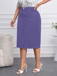 SHEIN Privé Plus Size Women Straight Knee-Length Denim Skirt, Stretchy & Fashion - Purple - View 3