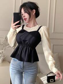 DAZY 女士休闲撞色拼布长袖衬衫，秋季女装