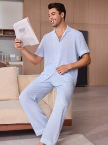 Men's Front Button Short Sleeve Striped Simple Pajama Set With Pants