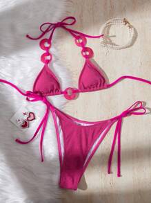 Swim SXY Conjunto de bikini de triángulo con cuello de halter y textura de tela sexy para mujer para playa y verano