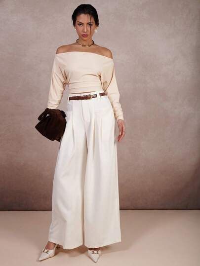 COSMINA Blusa informal de mujer con hombros descubiertos, manga larga, volantes y unicolor