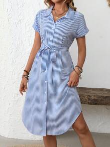 EMERY ROSE Rochie cămașă midi casual cu mâneci liliac în dungi
