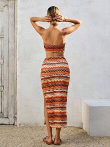 SHEIN VCAY 女式抹胸领、镂空腰部、前开衩长裙 - 彩色 - 查看 3