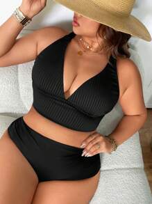 Swim Lushoire Plus Size Women Solid Color Ribbed Bikini Top, For Summer Beach Vacation - Black - View 5