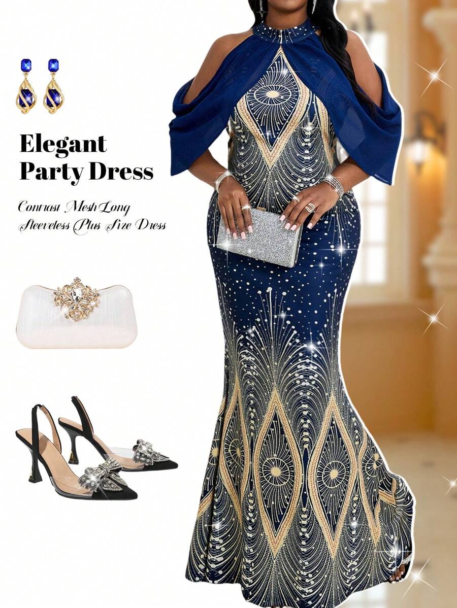 Fleurora Váy cocktail dài tay không tay lưới tương phản họa tiết nàng tiên cá nhiều màu sắc cỡ lớn mùa hè thu đông sang trọng cho tiệc cưới hòa nhạc/lễ hội âm nhạc, ngày lễ tình nhân