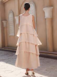 Chiquease Váy chữ A vải organza nhiều lớp không tay cổ chữ V thanh lịch có viền xếp nếp cho nữ - Màu be - Xem 2