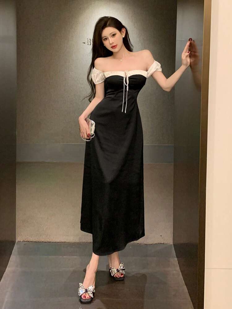 Colorblock Waist Gather Sexy Off Shoulder Mid-Calf Evening Party Wedding Dress For Women Prom Dress Sundress, Formal Women Dresses Elegant Women Dress