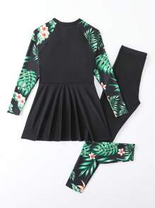 SHEIN 青少年女孩分体式吊带上衣，长袖拉链泳装，下装为花卉拼布裙和裤子 - 彩色 - 查看 2