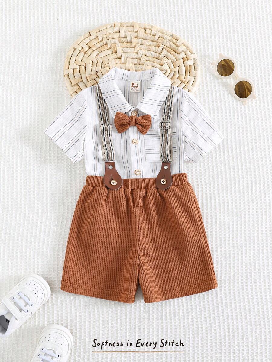 Cozy Pixies 2pcs Baby Boy Colorful Striped Bowknot Collar Short Sleeve Cardigan And Bib Shorts Set - Multicolor - View 1