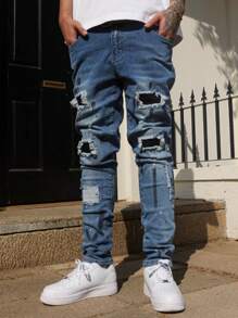 Manfinity LEGND Men's Pocket Distressed Skinny Casual Jeans - Medium Wash - View 3