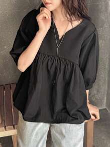 FRIFUL 女式黑色 V 领泡泡袖衬衫，夏季服装，荷叶边