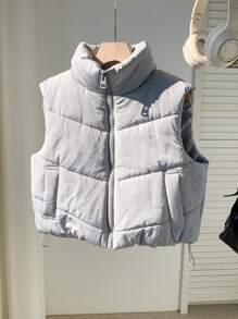 Comfortcana 女士短款纯色前拉链背心、冬季夹克 - 淺灰色 - 查看 6