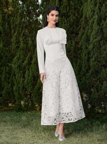 Modelyn Women's Elegant Solid Color Embroidered Patchwork Arabian Style Dress - White - View 2