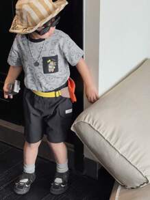 DAZY Conjunto de 2 piezas de camiseta de manga corta y pantalones cortos con estampado de oso tejido para niños pequeños, primavera/verano - Negro - Ver 7