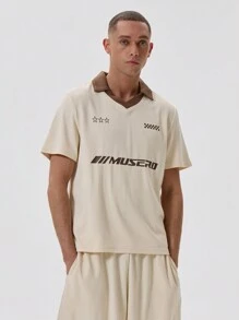 Musero Collared Contrast Hem Slogan Mesh T-Shirt Top - Multicolor - View 1