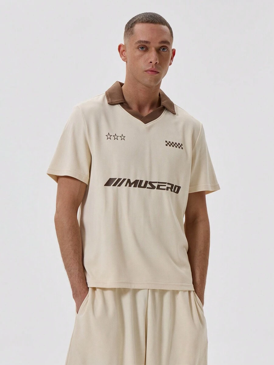 Musero Collared Contrast Hem Slogan Mesh T-Shirt Top - Multicolor - View 1