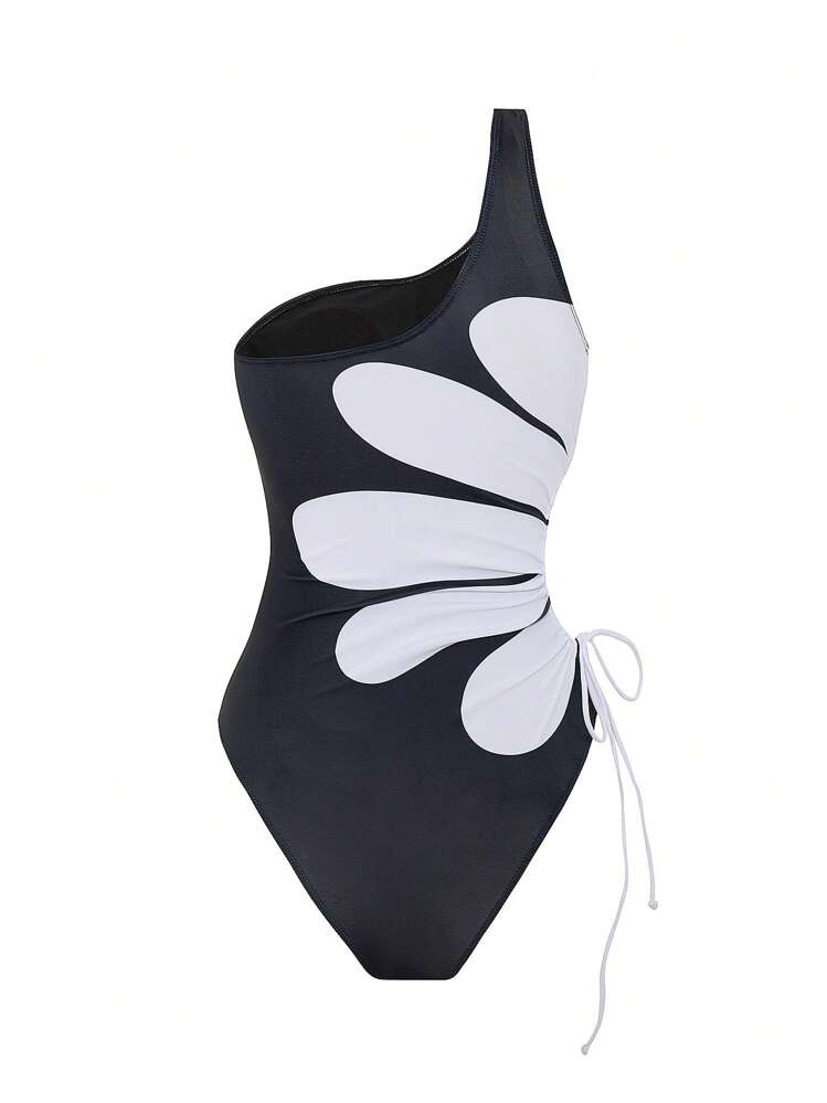 SHEIN Swim Vcay Equipo de playa para mujer para primavera, nuevo traje de baño de una pieza con estampado colocado, hombro descubierto, cordón ajustable, diseño hueco, casual para vacaciones, estilo boho para festival - Negro - Añade 4