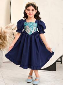 SHEIN Leap Crew Young Girl's Spring/Summer Ramandan Style Matching Family Vacation, Elegant Ditsy Floral Jacquard Splice Puff Sleeve Dress, Ruffled Hem,Cute & Elegant, Flower Girl Dress, Mom And Daughter & Sisters Matching. - Pink - View 1