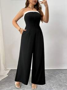 Flirla Plus Size Simple Contrast Color Ruffle Trim Jumpsuit, Spring/Summer