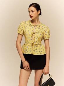 Poéselle Women's Front Tie Short Sleeve All-Over Floral Print Casual Shirt, Daily Wear,Romantic Tops,Going Out Tops Women,Summer Outfits For Women,Cute Summer Tops