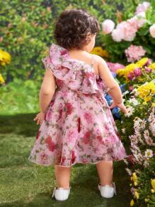 SHEIN 女婴可爱优雅花卉欧根纱连衣裙，夏季 - 粉色 - 查看 2