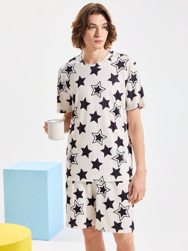 Happy Jammies 2pcs Men's Crew Neck Short Sleeve Star Print Simple Casual Top And Shorts Pajama Set