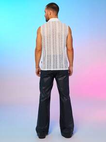 FeverCity Men's Loose-Fit Sleeveless Shirt With Mock Crochet Lattice Pattern & Turndown Collar - Beige - View 2