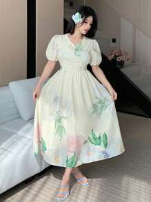 DAZY 1 pieza Vestido suelto de manga abullonada con escote en V y estampado floral para mujer - Albaricoque - Ver 3
