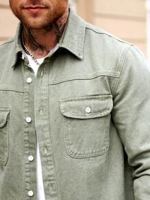 Manfinity Homme Men's Slim-Fit Olive Green American Casual Denim Jacket Going Out Hang Out Work Commute Street
