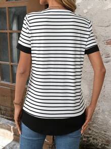 EMERY ROSE 女士灰色面料和格纹拼接短袖 T 恤，休闲日常穿着，春夏 - 彩色 - 查看 2