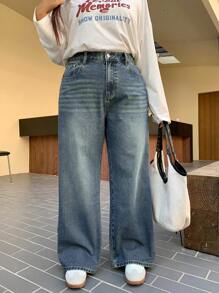 Dazy Petite Plus Retro Washed White Slim Straight Leg Long Jeans, Suitable For All Seasons - Blue - View 6