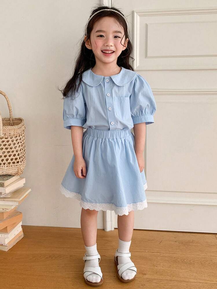 2pcs Set Young Girl Casual Solid Color Puff Sleeve Top And Lace Trim Skirt