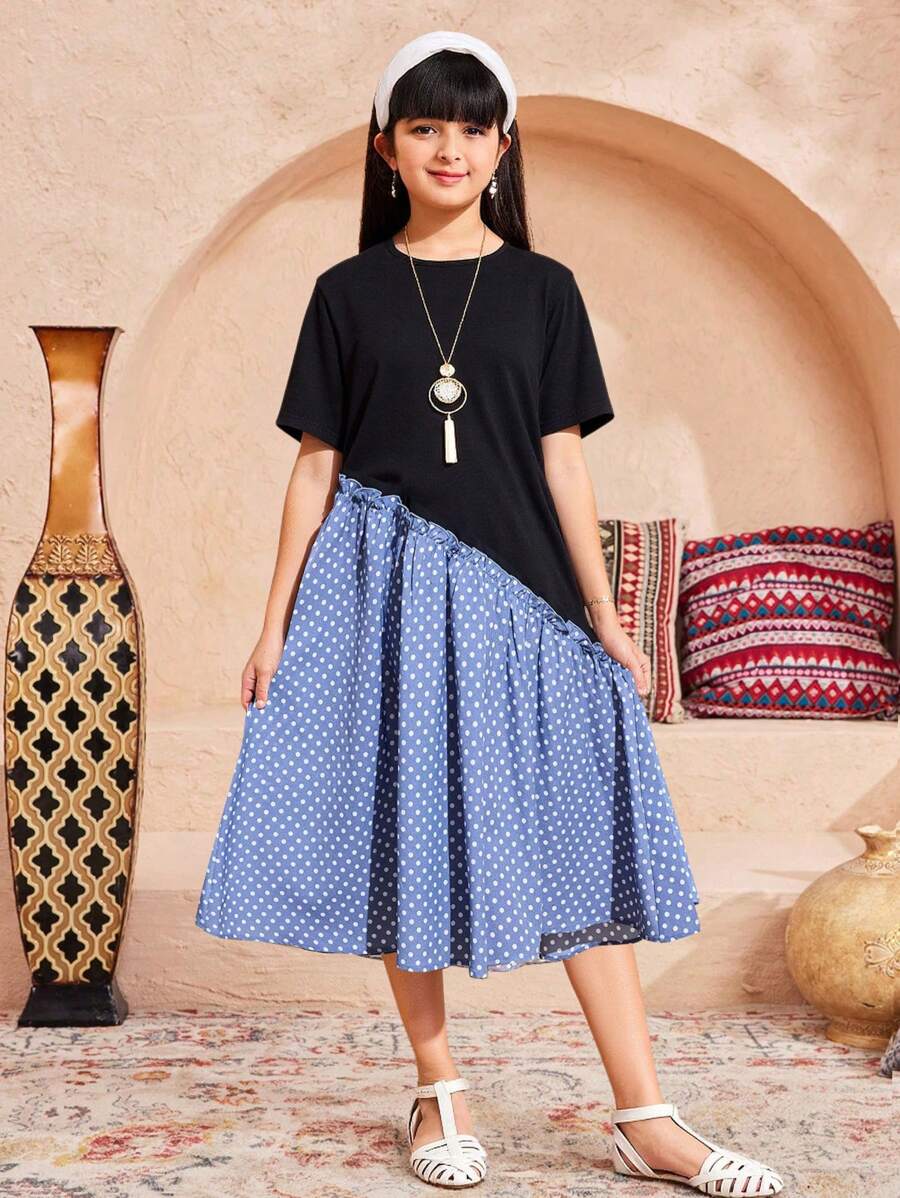 SHEIN Leap Crew Tween Girl Casual Holiday Color Blocking Round Neck Cap Sleeve Dress, Ramadan Dress - Black - View 1